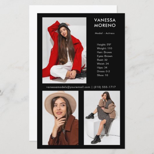 モデルActor Comp Card 3 Photo Black Flyer (正面/裏面)