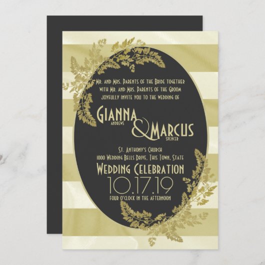 モデレストライプンとゴールデン結婚リーフ 招待状 (正面/裏面)