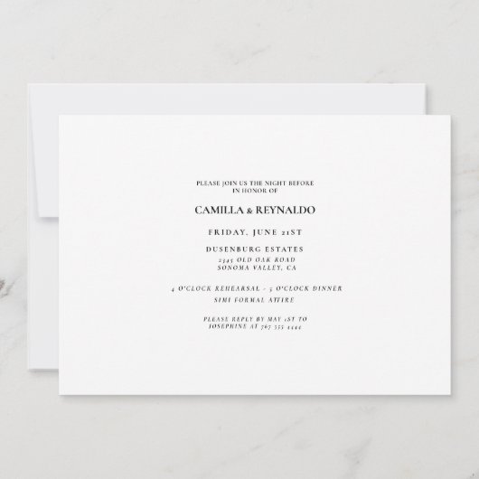 モデンのミニマルなリハーサルの夕食写真 招待状 (裏面)