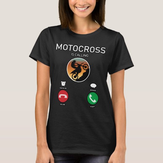 モトクロスで電話がかかってきたネタのスマホの着信画面デザイン Tシャツ (正面)