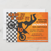 モトクロスの土のバイクの男の子の誕生会のオレンジ 招待状 (正面)