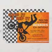 モトクロスの土のバイクの男の子の誕生会のオレンジ 招待状 (正面/裏面)