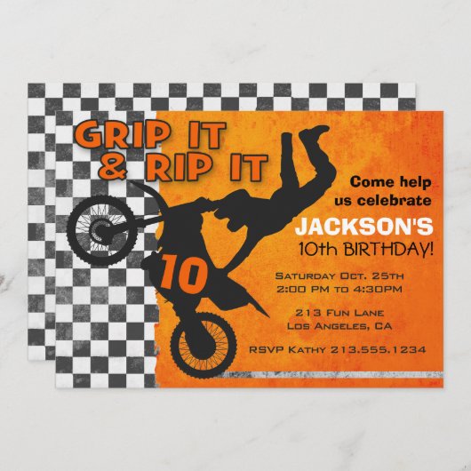 モトクロスの土のバイクの男の子の誕生会のオレンジ 招待状 (正面/裏面)
