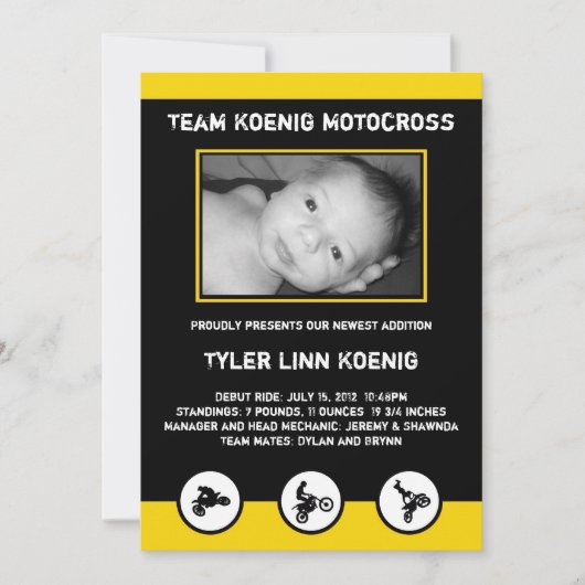 モトクロスの土のバイクの誕生の発表の黄色 案内状 (正面)