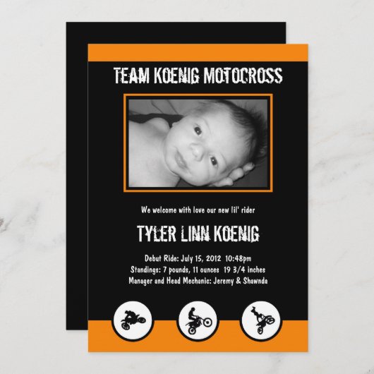 モトクロスの土のバイクの誕生の発表(オレンジ) 案内状 (正面/裏面)