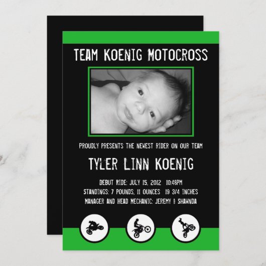 モトクロスの土のバイクの誕生の発表(緑) 案内状 (正面/裏面)