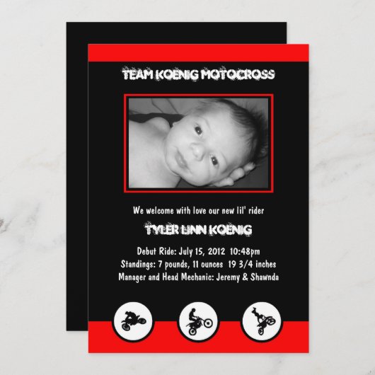 モトクロスの土のバイクの誕生の発表(赤か黒) 案内状 (正面/裏面)