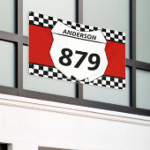 モトクロスカスタムダートバイク番号プレートオンレッド 横断幕 (ビルの外側)