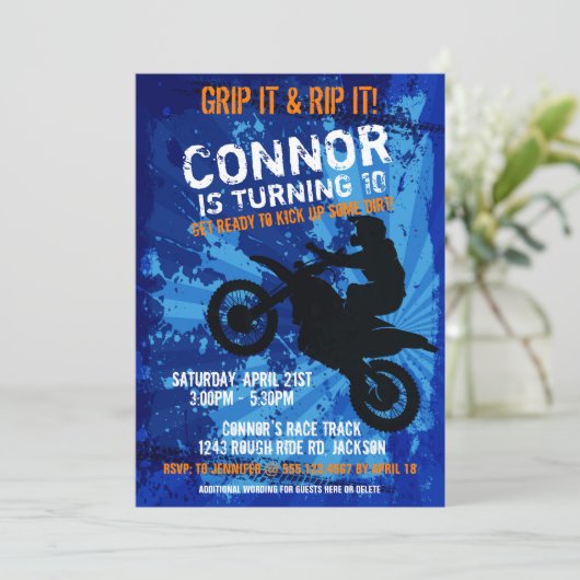 モトクロスダートバイクレースボーイズ誕生日パーティーの招待 招待状 (スタンド正面)