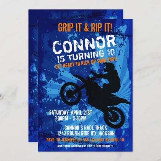 モトクロスダートバイクレースボーイズ誕生日パーティーの招待 招待状 (正面/裏面)