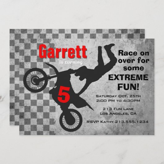 モトクロスダートバイク誕生日パーティーの招待状 招待状 (正面/裏面)