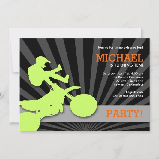 モトクロストリートバイク招待状グリーンとオレンジ 招待状 (正面)