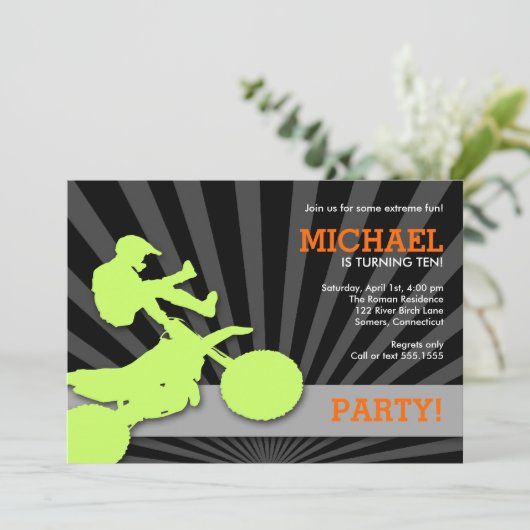 モトクロストリートバイク招待状グリーンとオレンジ 招待状 (スタンド正面)