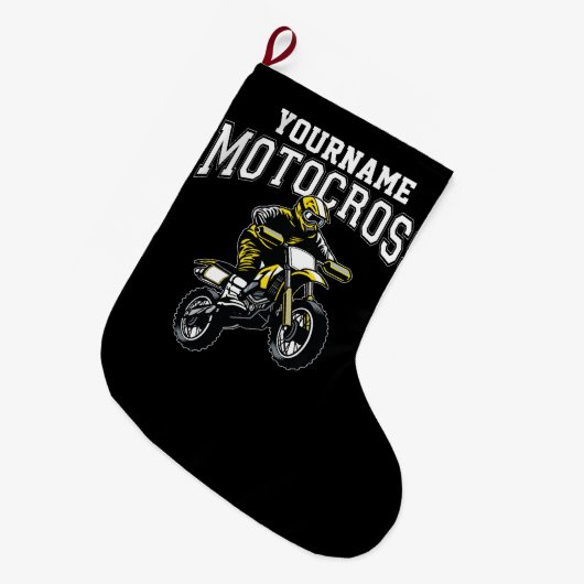 モトクロスパーソナライズされたダートバイクライダーレース ラージクリスマスストッキング (正面 (吊り時))