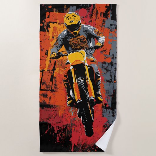 モトクロスライダーのアーバンペイントスプラッシュイラスト ビーチタオル (正面)