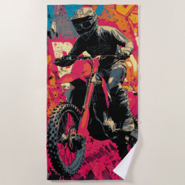 モトクロスライダーのポップアートダートバイクイラスト ビーチタオル