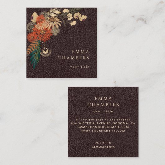 モトボホフローラブラウンレザービジネスカード スクエア名刺 (正面/裏面)