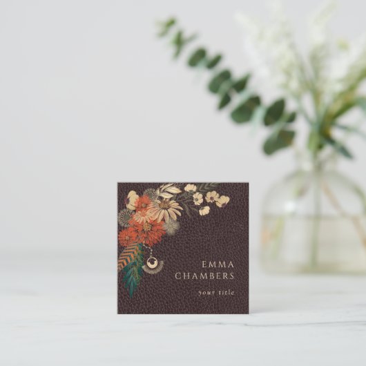 モトボホフローラブラウンレザービジネスカード スクエア名刺 (スタンド正面)