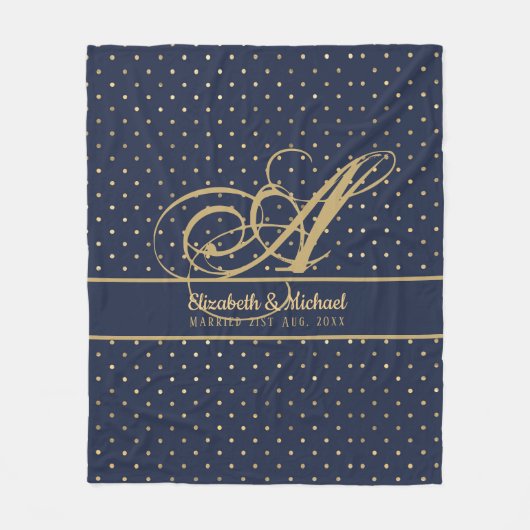 モナガムネイビーブルー金ゴールド水玉模様ニューリウェズ結婚ズ フリースブランケット (正面)