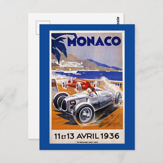 モナコ旅行ポスター、1936年のオートレース、 ポストカード (正面/裏面)