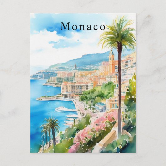 モナコ 水彩画 レトロ 旅行 地中海風 ポストカード (正面)