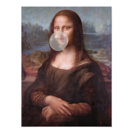 モナリザが灰色の泡ガムを膨らます フォトプリント            (正面)