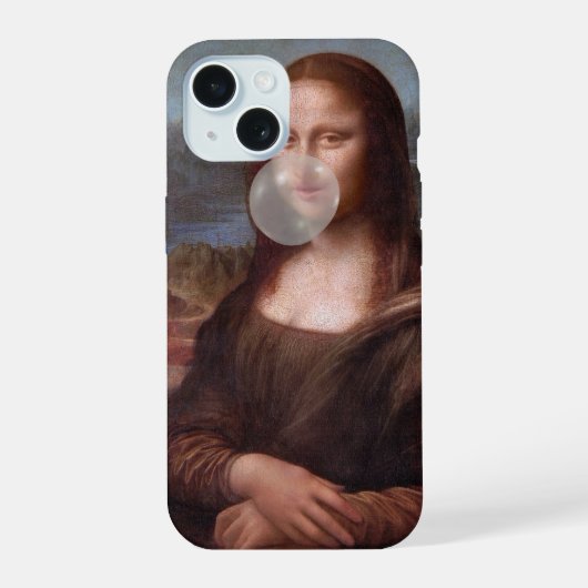 モナリザが灰色の泡ガムを膨らます iPhone 15ケース (裏面)