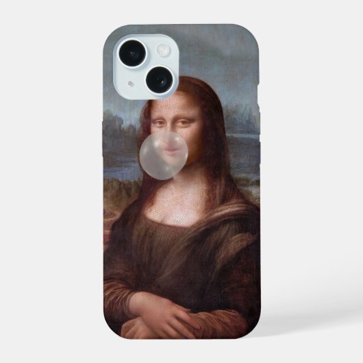 モナリザが灰色の泡ガムを膨らます iPhone 15ケース (裏面)