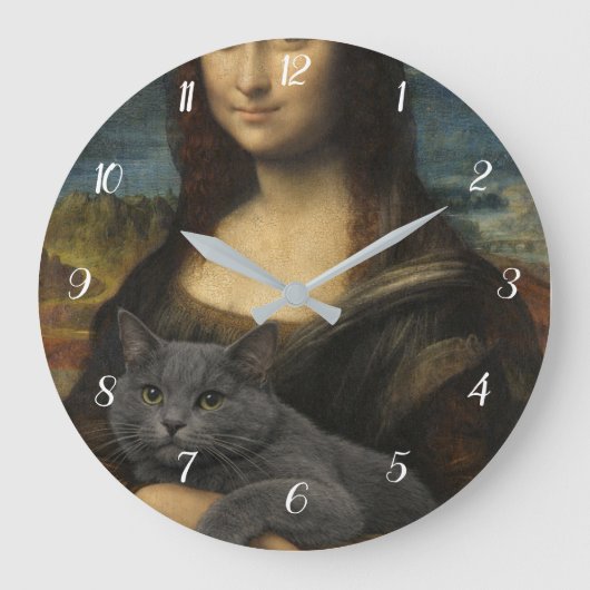 モナリザと優雅な灰色の猫 ラージ壁時計 (正面)