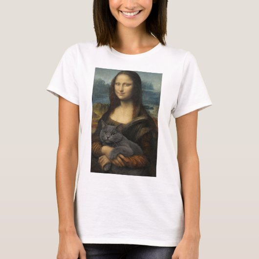 モナリザと優雅な灰色の猫 Tシャツ (正面)