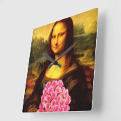 モナリザにピンクのバラの花束 スクエア壁時計 (傾斜)