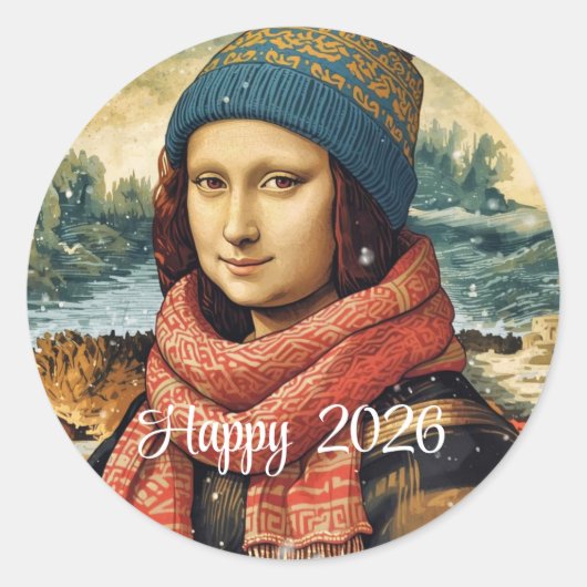 モナリザのビーニー姿 - ハッピー2026 ラウンドシール (正面)