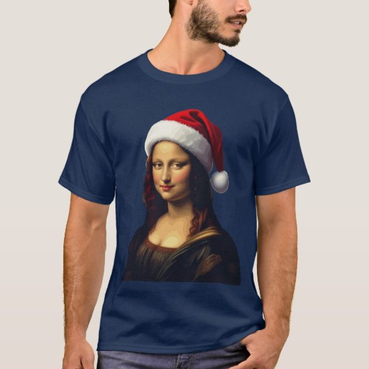 モナリザサンタ帽子クリスマスホリデーカットアウト Tシャツ (正面)