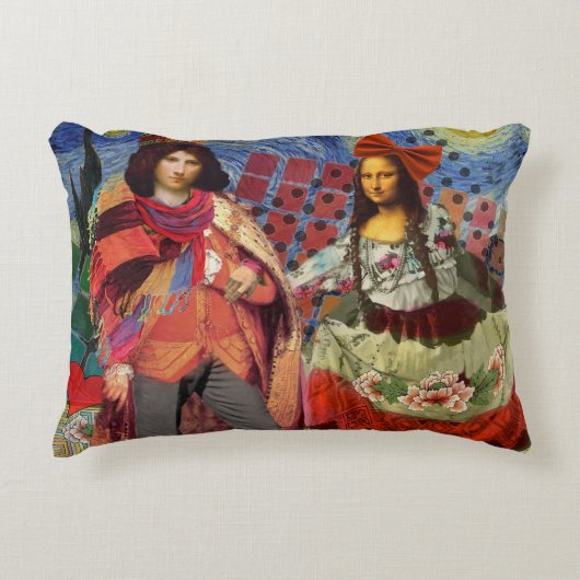 モナリザロマンチックおもしろいなカラフルアートワーク アクセントクッション (正面)