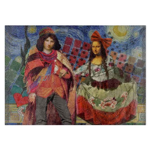 モナリザロマンチックおもしろいなカラフルアートワーク カッティングボード (正面)