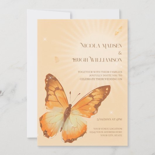 モナーク蝶の水彩画 ウェディング招待状 招待状 (正面)