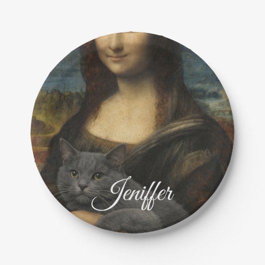 モナ・リサが上品な灰色の猫を抱える ペーパープレート (正面)
