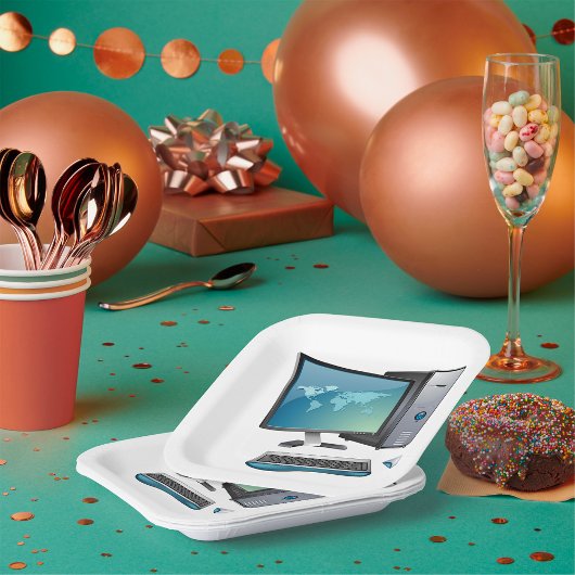 モニタ、キーボード、マウス付きデスクトップコンピュータ ペーパープレート