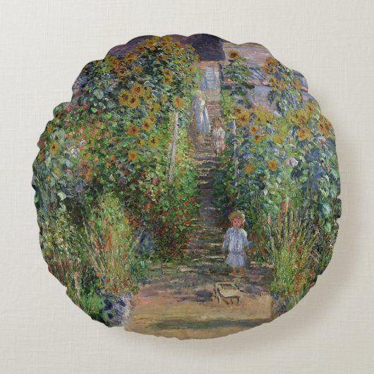 モネの庭 ヴェトゥイユ 印象派の花の絵画 ラウンドクッション (正面)