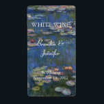 モネの睡蓮結婚のワインラベル ラベル<br><div class="desc">モネエレガント素晴らしの油彩画の一部を再現したウォーター・リリーの情報を使って、自分の情報でパーソナライズできるアートのワインラベル。文字は白で、ニーズに合わせて完全にカスタマイズ結婚可能。お素晴らし前の結婚テーブルかギフトのワインのために</div>