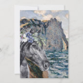 モネ「アヴァルの崖」と黒馬のグリーティングカード カード (正面)