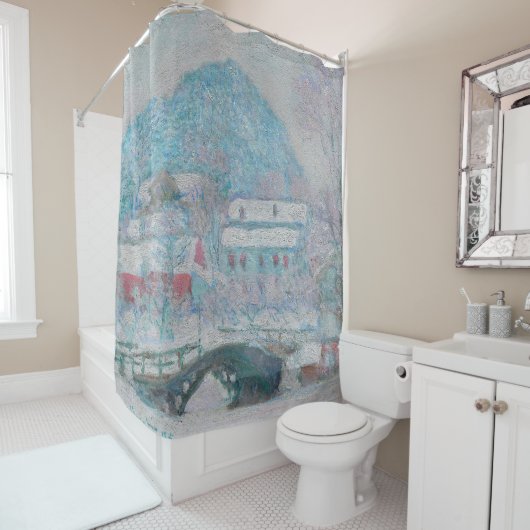 モネ – ノルウェー、サンドヴィケン村の雪 シャワーカーテン (インサイチュ)