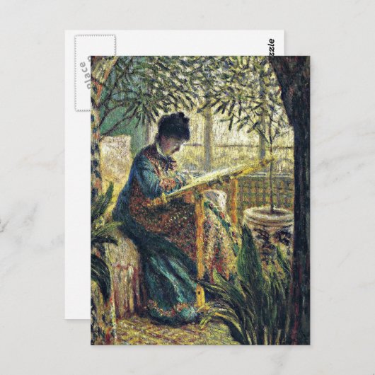 モネ - モネ夫人、刺繍をしているところ ポストカード (正面/裏面)