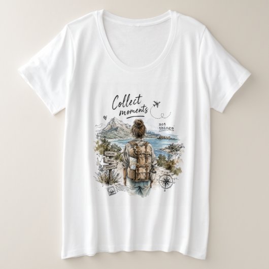 モノではなく思い出を集めよう 旅行の名言 プラスサイズTシャツ (デザイン正面)