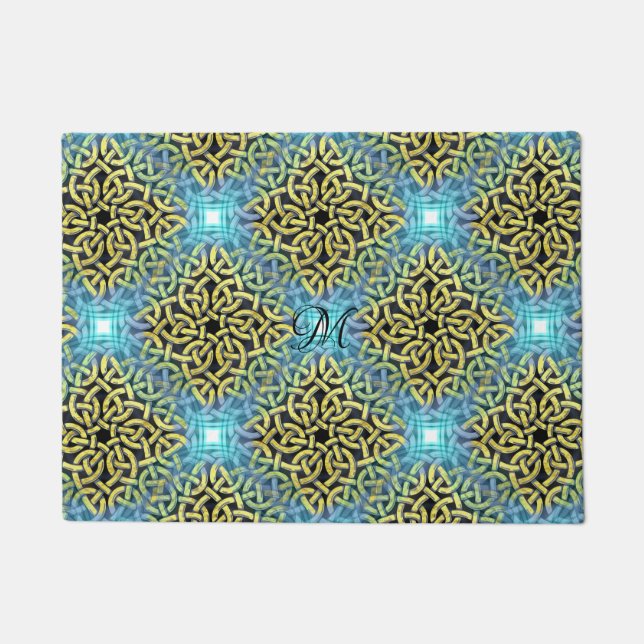 モノイグラムビクトリアンゴールデントリムアクアバックグラウンド ドアマット (正面)