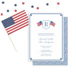 モノエレガントグラムUSA国旗Brunch結婚の 招待状<br><div class="desc">ニュー保リュウズ・ブ頭が切れるランチの招待で行われる祭り。このデザインの焦点はシンプル2 USAのフラグと赤い白と青の色のスキームを持つ飾招待状モノグラムの紋章であって、アメリカの愛国心にうなずき、休日の週末のイベントに特に適している。このデザインには「ギリシャ鍵」やパター縁どン・バックアーも含まれる。Newlywedsブランチの招待状のテンプレートを設定したが、すべての文字フィールドはニーズに合わせてカスタマイズ可能。デザイン・ツールを入力して、文字・フィールドを移動、削除または追加できる。また、前面のギリシャ鍵のコントラスト色縁どと、背面のパターン（ダークブルーで表示）を好きな色に変更するには、デザインツール(文字カスタマイズエリアの下でクリック、「更に」に入力)を入力して、それぞれの側面の背景色を変更しまカスタマイズす。</div>