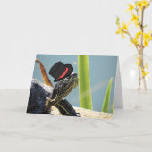 モノクルとトップハットのあいさつをした亀空白の カード (黄色い花)