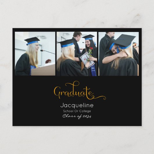 モノクロと金ゴールドの写真の卒業発表 シーズンポストカード (正面)