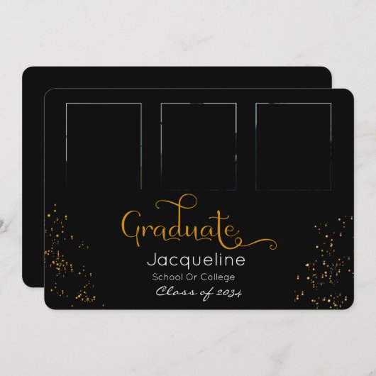 モノクロと金ゴールドの写真の卒業発表 案内状 (正面/裏面)