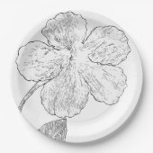 モノクロのお花のラインアートの紙製品 ペーパープレート (正面)